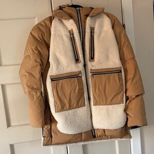 Women's Tan and Cream Sherpa Hooded Puffer Jacket from Orolay